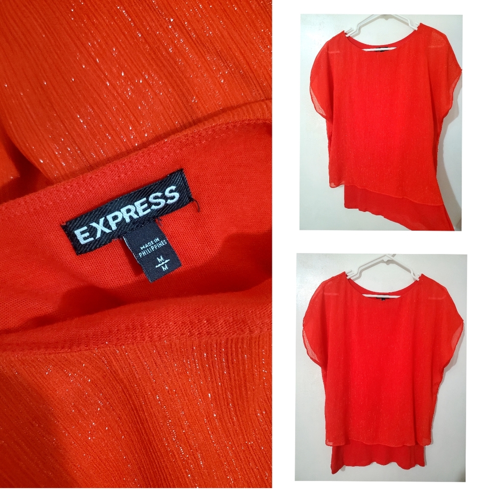 Express Shirt Sleeve Red Glitter Top - M